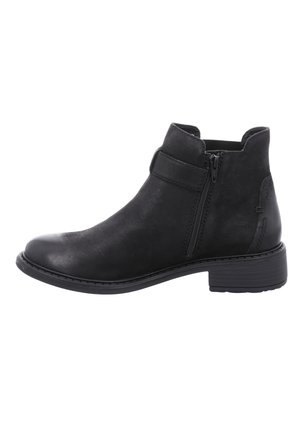 Bottine noire à cheville avec fermeture éclair latérale, talon bas empilé, bout arrondi et détail de sangle près du haut de la tige.