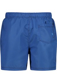 Blå simbyxor med vertikala svarta ränder, elastisk midja och en bakficka. Tillverkade av lättviktig tyg för komfort.