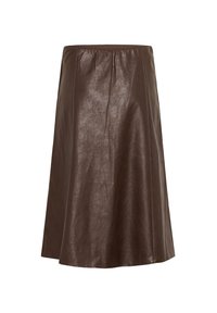 Jupe en cuir marron en forme de A avec une taille élastique, présentant une texture lisse et des coutures latérales pour un look soigné.