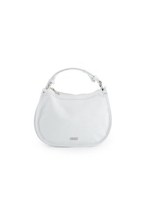 Hvid læderhåndtaske med kort håndtag, sølv lynlås og lille rektangulært metal logo-plade med teksten "Venezia."