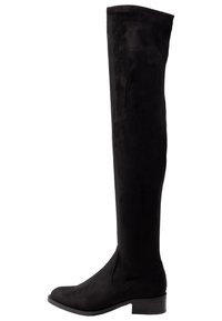 Svarta över-knä stövlar i mocka, med en platt klack och slät yta, med en snygg, åtsittande design och utan synlig hårdvara.