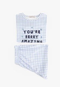 Hellblaues Gingham-Pyjama-Set mit dem Text "DU BIST BEERENAMT." Oberteil mit kurzen Ärmeln und passenden Hosen mit elastischem Bund.