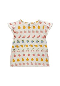 T-shirt crème à manches courtes avec motifs fruités ludiques, comprenant des fraises, des poires et des cerises, avec des manches à volants.