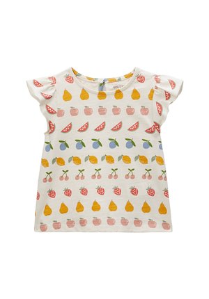 T-shirt crème à manches courtes avec motifs fruités ludiques, comprenant des fraises, des poires et des cerises, avec des manches à volants.