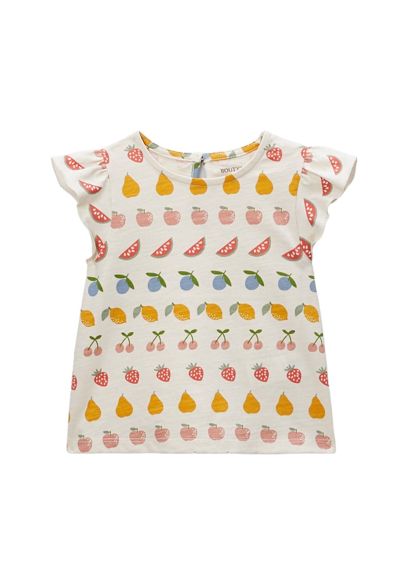 T-shirt crème à manches courtes avec motifs fruités ludiques, comprenant des fraises, des poires et des cerises, avec des manches à volants.