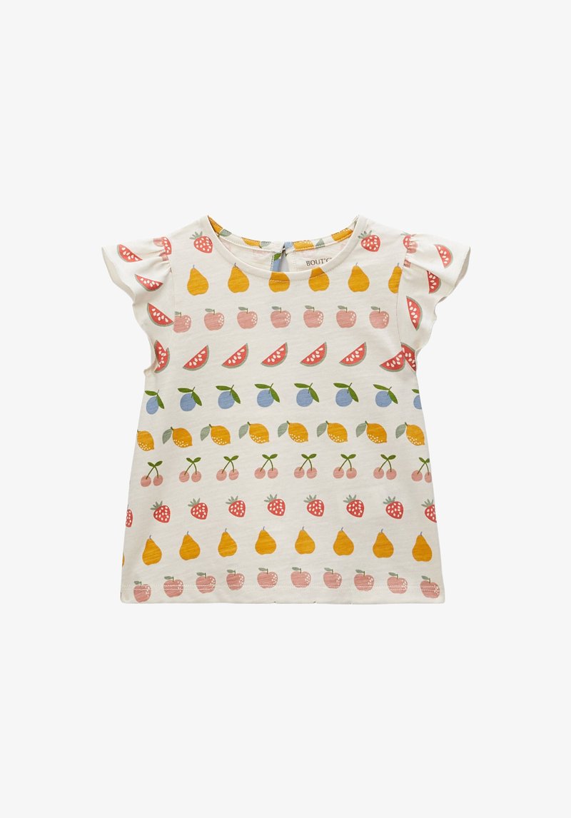 T-shirt crème à manches courtes avec motifs fruités ludiques, comprenant des fraises, des poires et des cerises, avec des manches à volants.