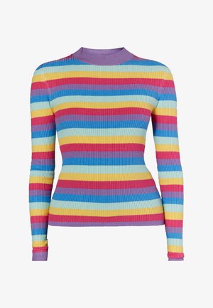 Pull en maille côtelée à manches longues avec col roulé, présentant des rayures horizontales bleu, jaune, rose et violet. Tissu texturé, design ajusté.