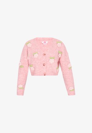 Lyserød strikket cardigan med V-hals, der har broderede rosendesigner i hvid og grøn. Lynlås foran og lange ærmer.