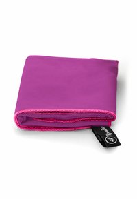 Lila faltbare Tasche aus glattem Material, akzentuiert mit rosa Naht. Enthält ein schwarzes Etikett. Flaches und kompaktes Design.