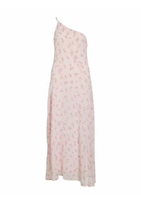 One-shoulder, floor-length pink dress with small floral print and lightweight fabric.