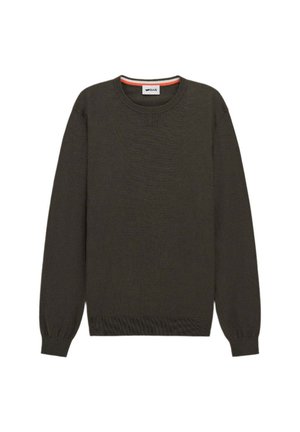 Dunkelolivgrüner Pullover mit langen Ärmeln, rundem Halsausschnitt und gerippten Bündchen. Aus einem weichen Material mit subtiler Textur gefertigt.