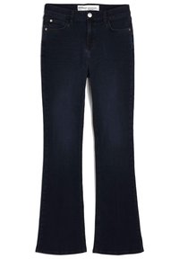 Denim flarejeans i mörk indigo. Har femficksdesign, knappstängning och synliga sömmar längs kanterna.