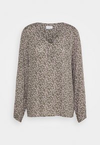 Blouse à manches longues en olive avec un subtil motif floral rose. Présente un décolleté en V et une coupe décontractée pour le confort. Tissu léger.