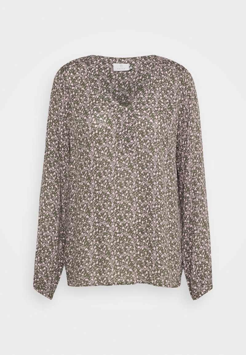 Blouse à manches longues en olive avec un subtil motif floral rose. Présente un décolleté en V et une coupe décontractée pour le confort. Tissu léger.