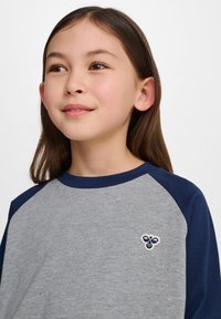 Graues und marineblaues Langarmshirt mit Raglanärmeln, mit einem gestickten Bienenlogo auf der Brust, hergestellt aus weichem Baumwollstoff.