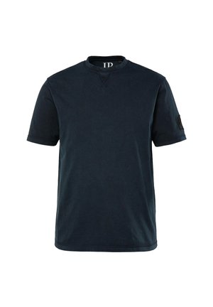 Marineblaue Baumwoll-T-Shirt mit Rundhalsausschnitt, kurzen Ärmeln und einem strukturierten Stoff. Mit einem kleinen Logopatch auf dem Ärmel.