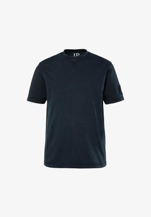 T-shirt in cotone blu navy con collo tondo, maniche corte e tessuto texturizzato. Presenta un piccolo logo ricamato sulla manica.