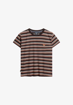 Kortærmet brun T-shirt med horisontale hvide og lyserøde striber og lille orange "Super Dry" logo på brystet.