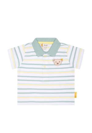 Polo bébé à manches courtes rayé en blanc, vert et jaune avec un col vert et un petit patch ours en peluche sur la poitrine.