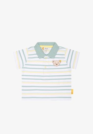 Polo bébé à manches courtes rayé en blanc, vert et jaune avec un col vert et un petit patch ours en peluche sur la poitrine.