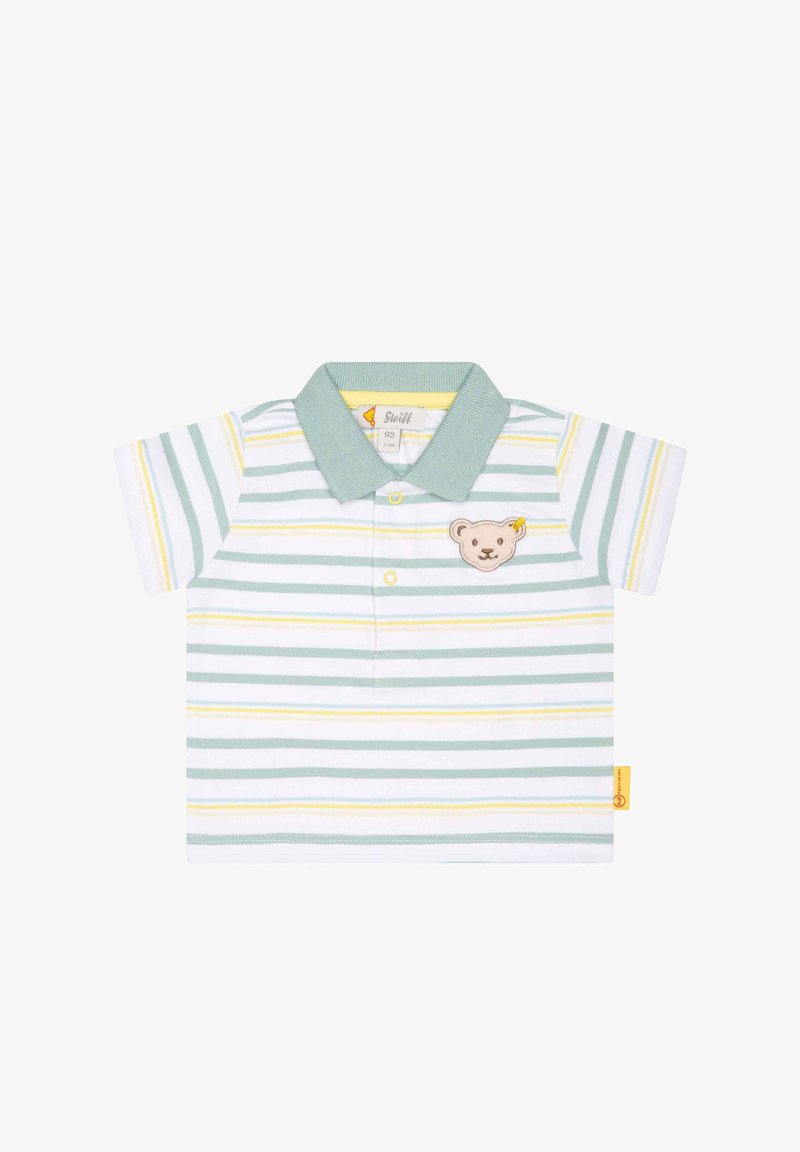 Polo bébé à manches courtes rayé en blanc, vert et jaune avec un col vert et un petit patch ours en peluche sur la poitrine.