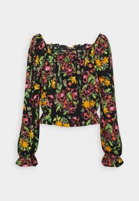 Zwarte bloemenblouse met levendige roze en gele bloemen, lange pofmouwen en een gerimpelde halslijn. Het materiaal lijkt lichtgewicht en zacht te zijn.