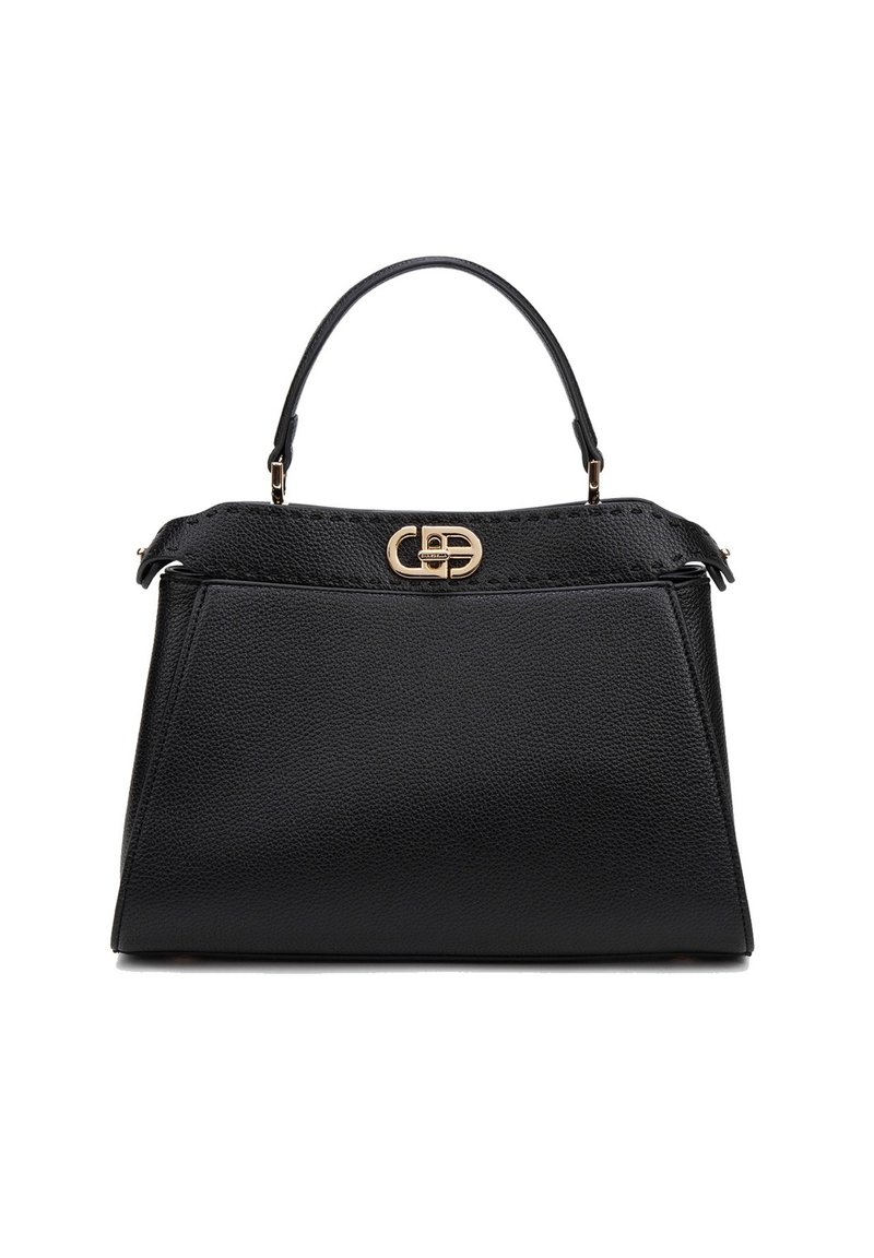 Borsa a mano nera in pelle con forma strutturata, dotata di manico superiore, dettagli in oro e superficie texturizzata. La chiusura presenta un dettaglio con il logo.