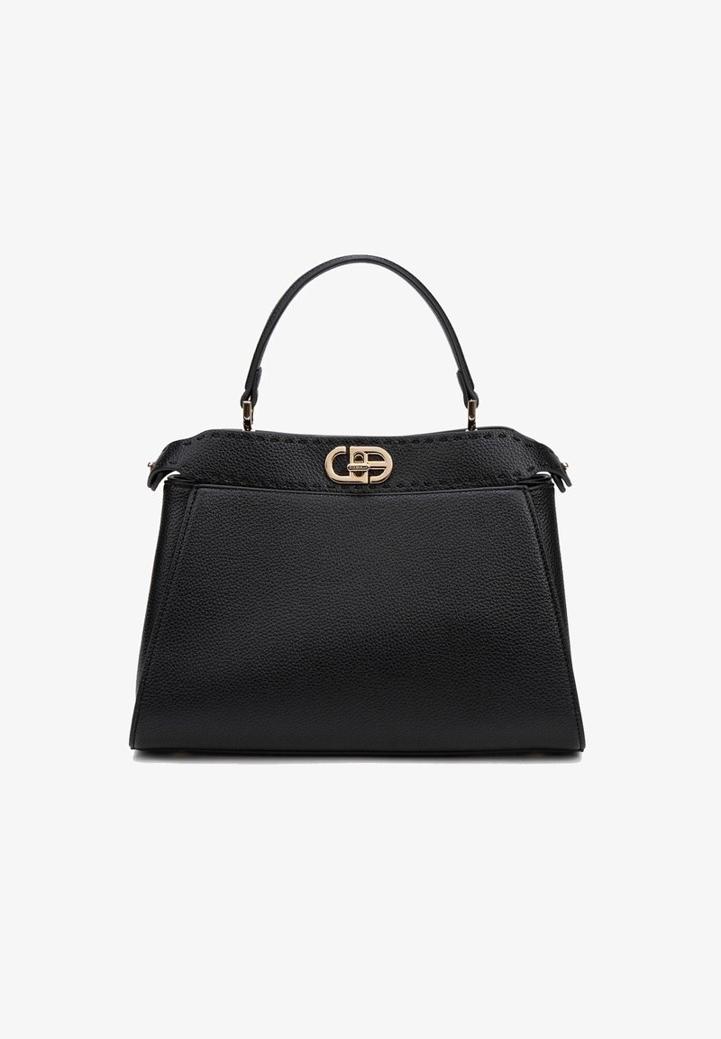 Borsa a mano nera in pelle con forma strutturata, dotata di manico superiore, dettagli in oro e superficie texturizzata. La chiusura presenta un dettaglio con il logo.