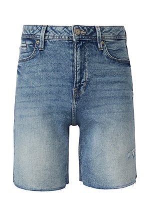 Denim shorts in middenblauw met lichte vervaging, knoop en rits aan de voorkant, riemlussen, voorzakken en onafgewerkte zoomranden.