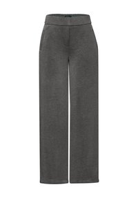 Pantalons larges gris avec une texture douce, dotés d'une taille plate et de poches latérales. Le tissu présente un motif chiné subtil.