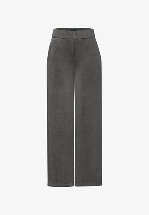 Szare spodnie typu wide-leg o miękkiej fakturze, z płaskim pasem i bocznymi kieszeniami. Materiał ma subtelny melanż.