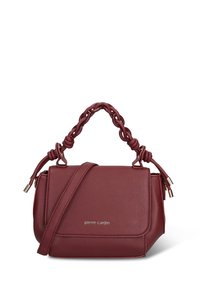 Borsa in similpelle bordeaux con manico intrecciato sulla parte superiore e tracolla removibile. Presenta accessori dorati e dettaglio con logo.