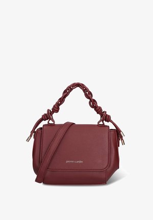 Borsa in similpelle bordeaux con manico intrecciato sulla parte superiore e tracolla removibile. Presenta accessori dorati e dettaglio con logo.