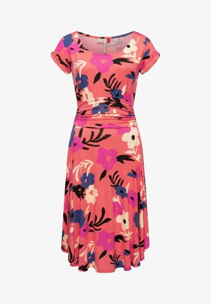 Floral dress featuring a pink base with purple, blue, and black flowers. Made of soft fabric, it has short sleeves and a gathered waist.