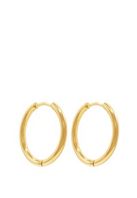Boucles d'oreilles en or avec une surface lisse et brillante, de forme ronde, et un système de fermeture à charnière. Chaque boucle d'oreille est uniforme en taille et en design.