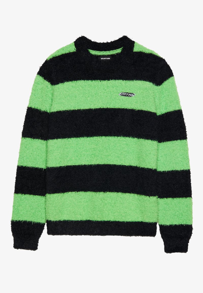 Flauschiger Strickpullover mit abwechselnden schwarzen und leuchtend grünen Streifen. Rundhalsausschnitt mit kleinem Markenlogo auf der Vorderseite.