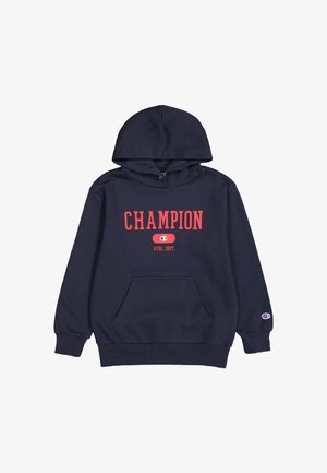 Sudadera azul marino con bolsillo frontal, con el texto "CHAMPION" y "ATHL. DEPT." en color rojo. Incluye capucha con cordón y puños acanalados.