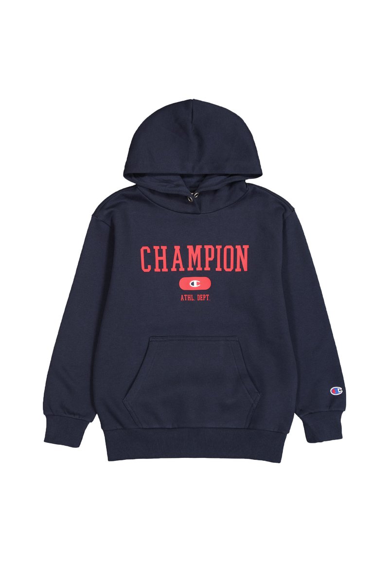 Felpa blu navy con tasca frontale, con la scritta "CHAMPION" e "ATHL. DEPT." in testo rosso. Include un cappuccio con coulisse e polsini a coste.