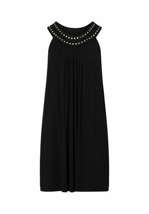 Abito nero senza maniche con davanti plissettato e scollo tondo decorato con due file di borchie argento.