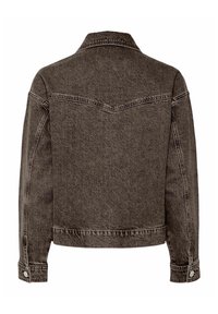 Brun denimjakke med klassisk krave, lange ærmer og knapmanchetter. Har rygskød og synlige syninger.