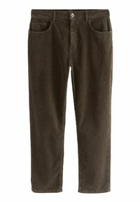 Bruine corduroy broek met een recht model, voorzien van twee zijzakken, een knoopsluiting en verticale ribbeltextuur.