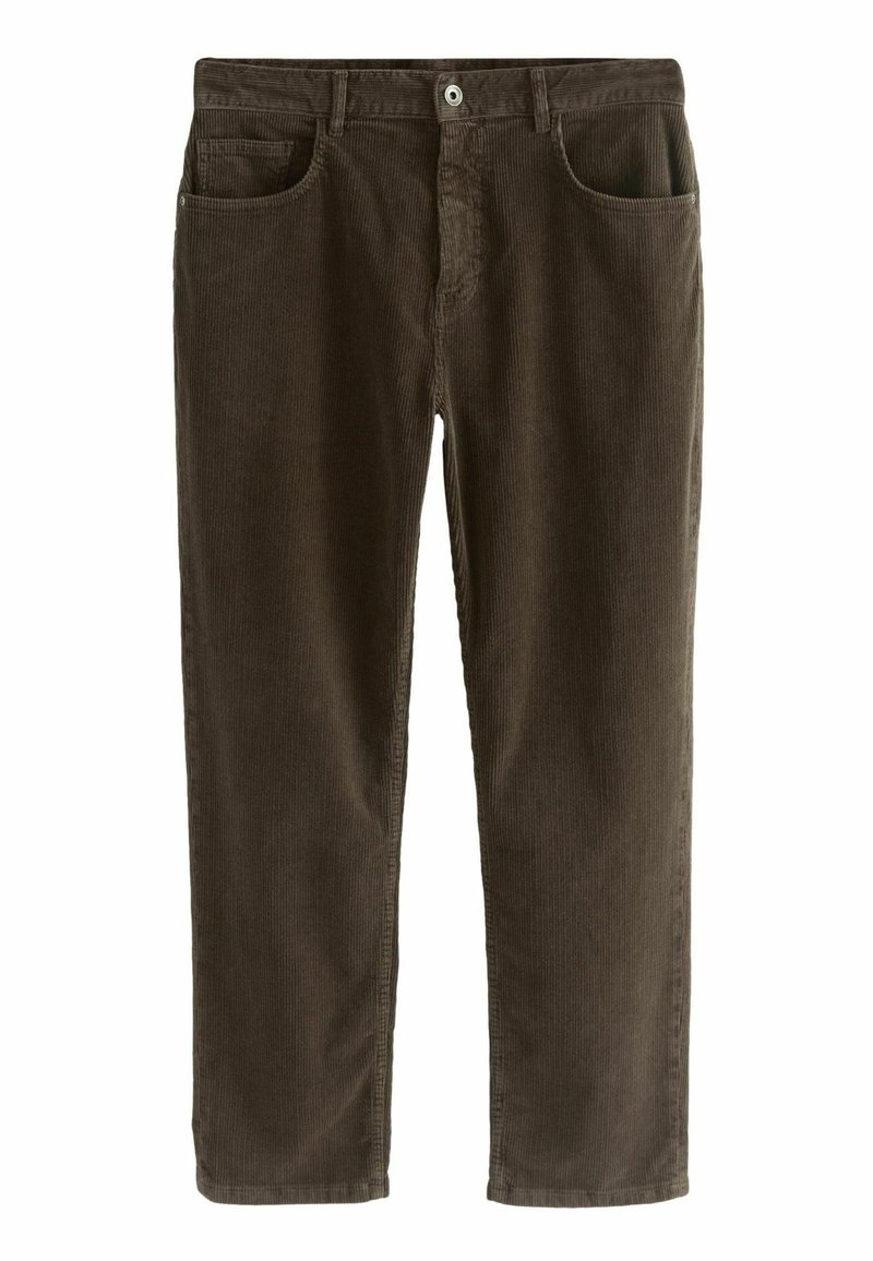Bruine corduroy broek met een recht model, voorzien van twee zijzakken, een knoopsluiting en verticale ribbeltextuur.