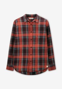 Rood en zwart geruite flanellen overhemd met een knoopsluiting, lange mouwen, afgeronde zomen en zwarte knopen. Heeft blauwe en witte accenten.