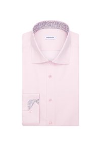 Lichtroze overhemd met een klassieke kraag, met een gestructureerd bloemenpatroon op de binnenkant van de kraag en de manchetten. Vijf knopen aan de voorkant.