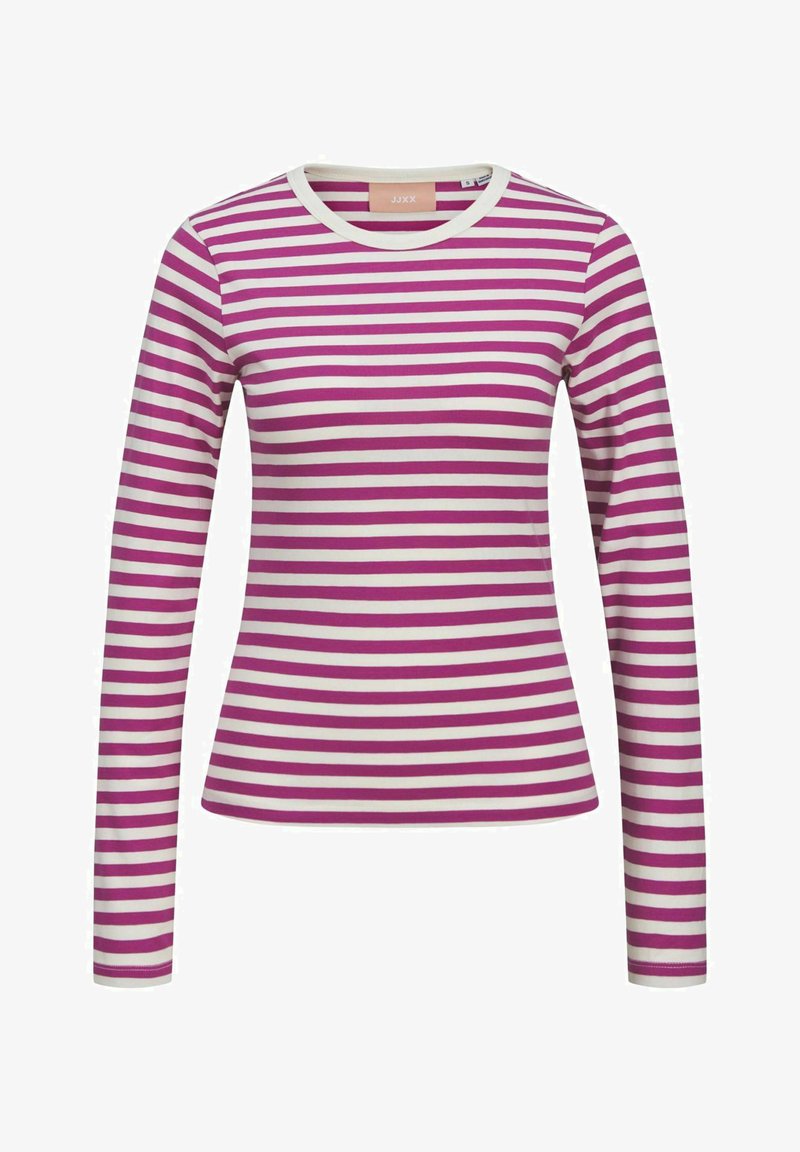Bluzka z długim rękawem w poziome paski w fuksjowym i białym kolorze. Posiada okrągły dekolt oraz dopasowany krój. Wykonana z miękkiego, elastycznego materiału.