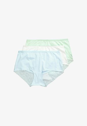 Tři bezšvové dámské spodní prádlo s krajkovým lemováním v pastelové modré, bílé a světle zelené barvě, naskládané na bílém pozadí.