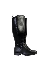 Botas negras hasta la rodilla hechas de cuero suave con punta redonda, tacón plano y detalle de hebilla lateral. Presentan un eje ajustado y una textura sutil.