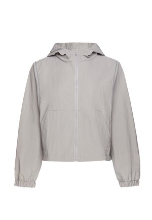 Giacca con cappuccio grigio chiaro con cerniera frontale, maniche lunghe con polsini elasticizzati e tasche anteriori, mostrata su sfondo bianco.