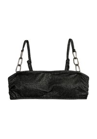 Schwarz glitzerndes Bandeau-Top mit dünnen Trägern und dekorativen silbernen Kettenelementen auf weißem Hintergrund.