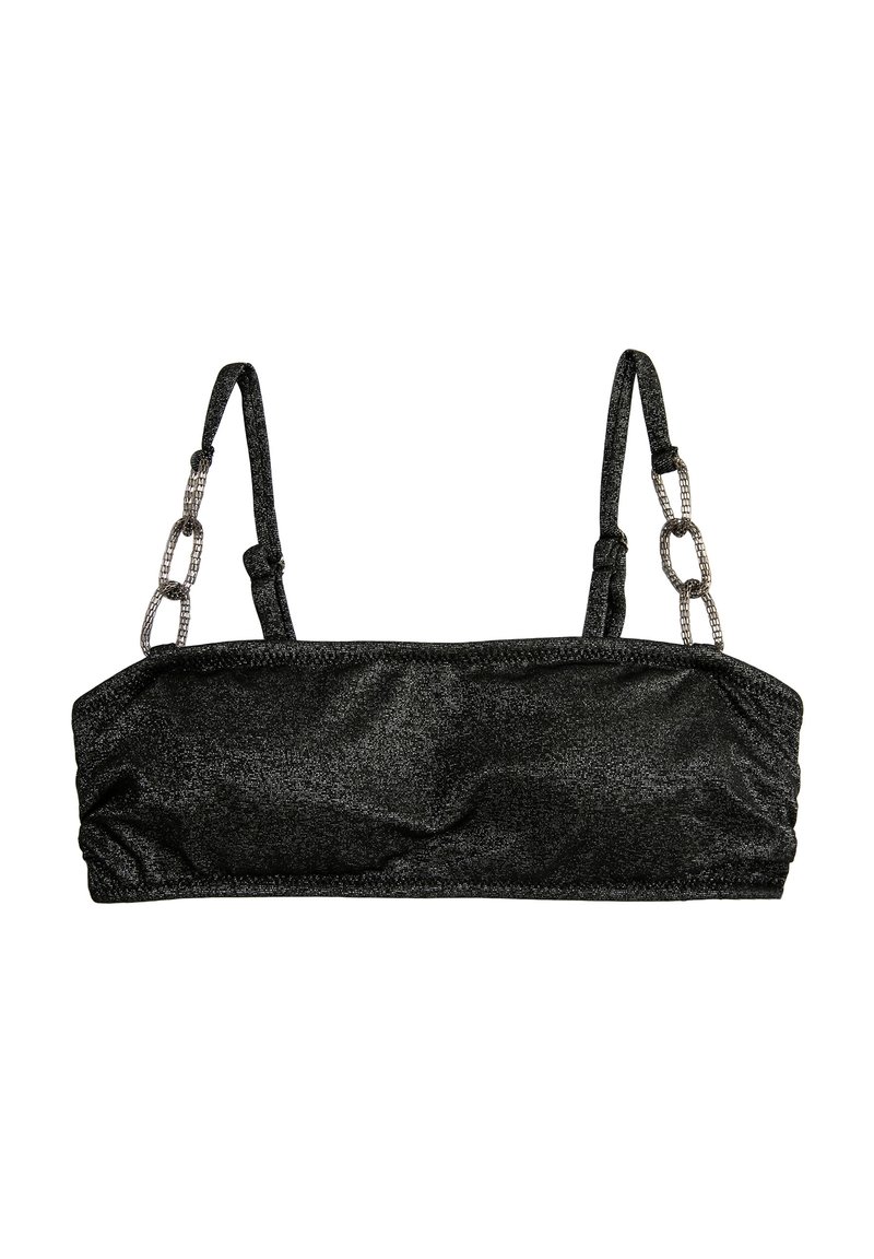 Schwarz glitzerndes Bandeau-Top mit dünnen Trägern und dekorativen silbernen Kettenelementen auf weißem Hintergrund.